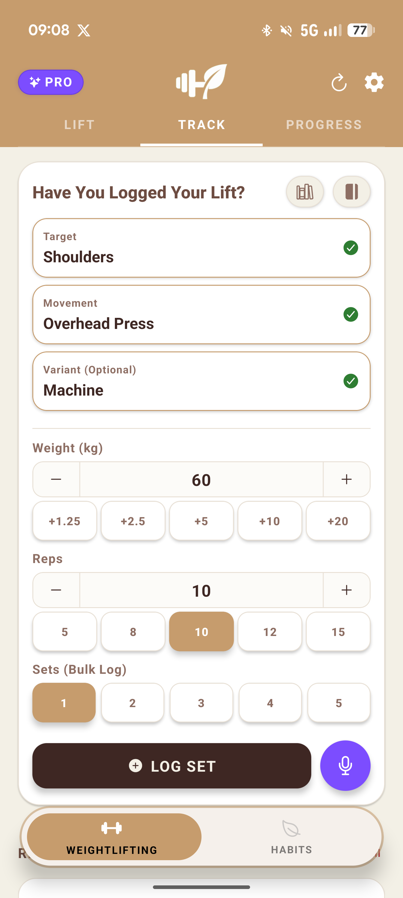 Quick lift logging — target, movement, weight and sets