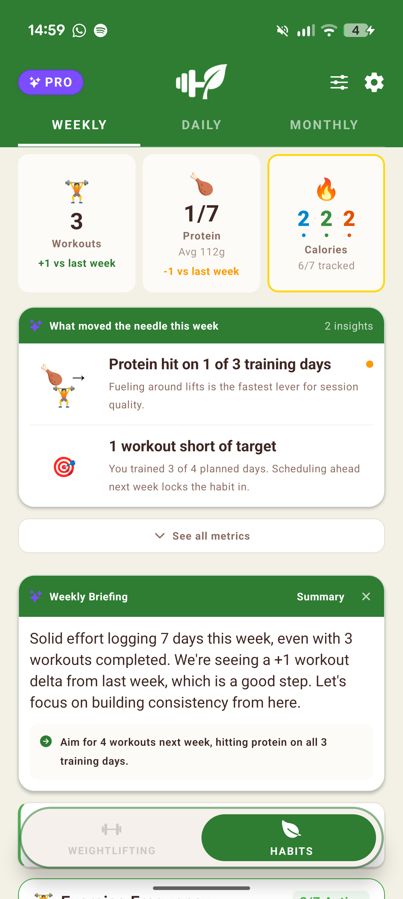 Weekly review with insights and briefing